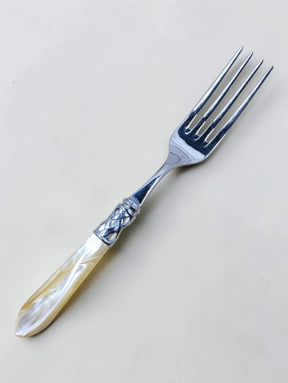 Bugatti Serving Fork Cream Pearl Handle Silver Lattice Stainless 18/10 Italy
